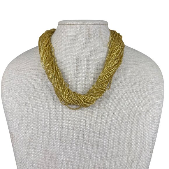 Gold Tone Multistrand Seed Bead Womens Collar Necklace & Bracelet Vintage Set - Picture 3 of 7